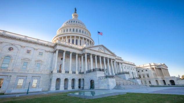 Low angled view of the U.S. Capitol East Facade Front in Washington, DC.