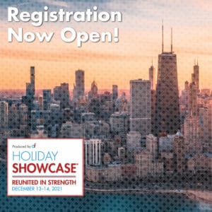 Image of Chicago skyline with "Holiday Showcase" logo on top