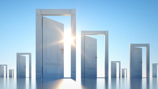 An abstract image of multiple open white doors.