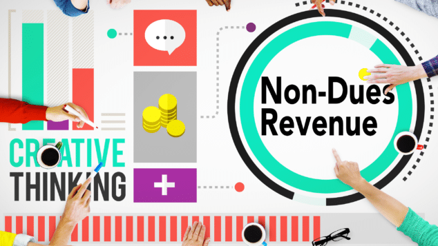 Hands reaching to create charts and images that say "non dues revenue"