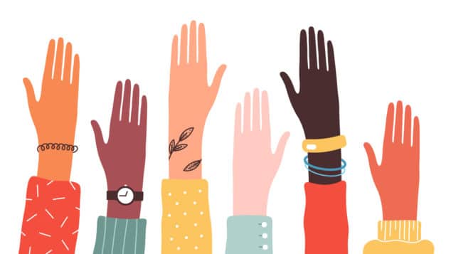 Hands of diverse group of people together raised up. Concept of support and cooperation, girl power, social community. Vector illustration