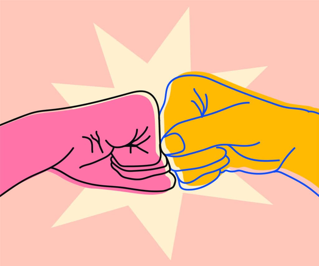 Illustration Of Two Bumping Fist Finger. Team Work, Partnership, Friendship, Friends, Spirit Hands Gesture Sketch Concept. Isolated On Pink Background. Vector Illustration