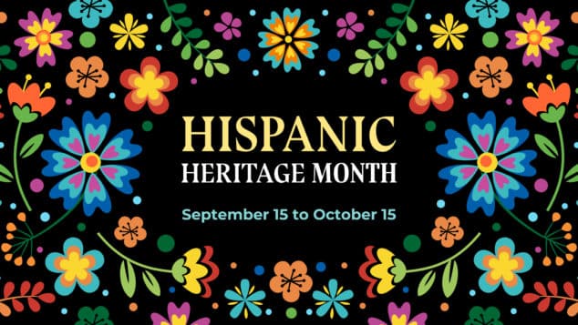 Hispanic heritage month. Vector web banner, poster, card for social media, networks. Greeting with national Hispanic heritage month text, flowers on floral pattern background.