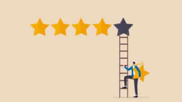 5 Stars Rating Review High Quality And Good Business Reputation, Customer Feedback Or Credit Score, Evaluation Rank Concept, Businessman Holding 5th Star Climb Up Ladder To Put On Best Rating, trust