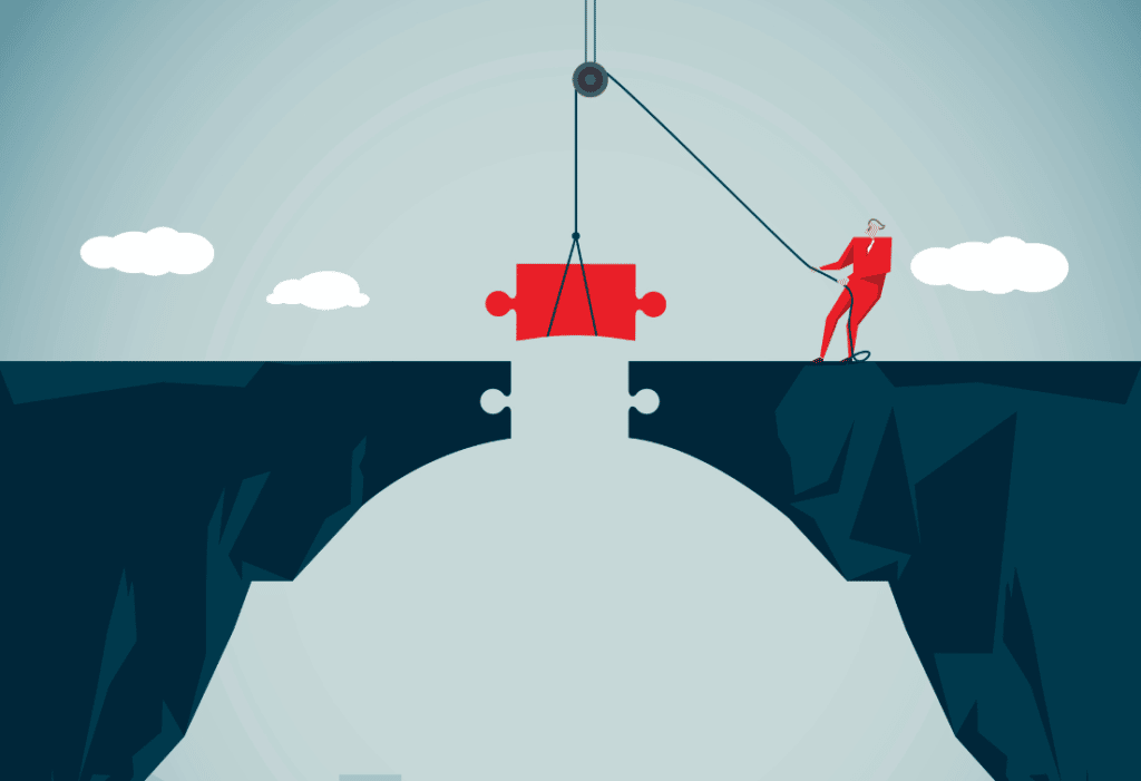 small staff solutions concept: vector image of person lowering puzzle piece to complete a bridge