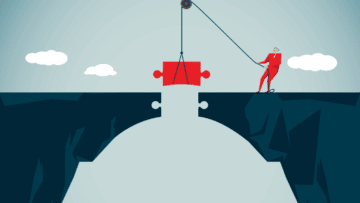 small staff solutions concept: vector image of person lowering puzzle piece to complete a bridge