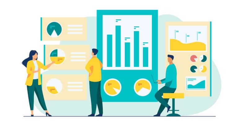 Office workers analyzing and researching business data vector illustration. Marketing analysts developing strategy. Business people studying infographics and diagrams on dashboard