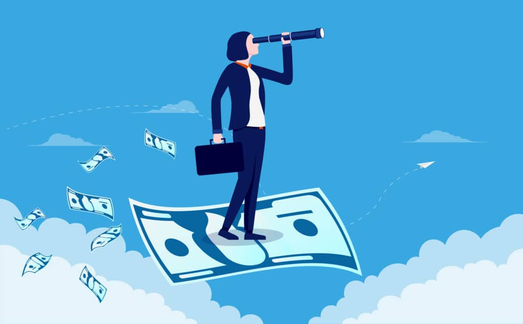 Businesswoman standing on flying money with binocular searching for opportunities. Earning money concept. Vector illustration. Content monetization concept.
