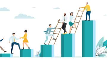 business mentor helps improve, holding stairs steps, mentorship, upskills, climb help, self development strategy flat.