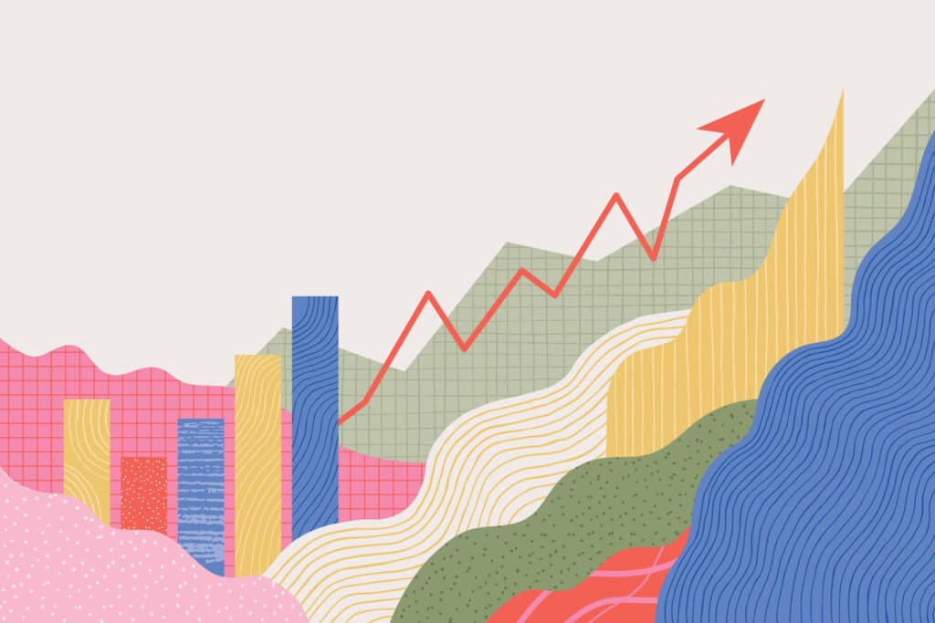 Abstract financial background with uptrend line, textured graphs, charts and copy space. Editable vectors on layers. We envision this as a beautiful data image.