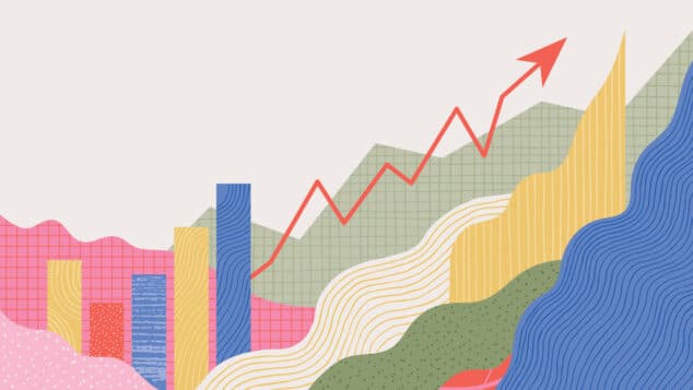 Abstract financial background with uptrend line, textured graphs, charts and copy space. Editable vectors on layers. We envision this as a beautiful data image.