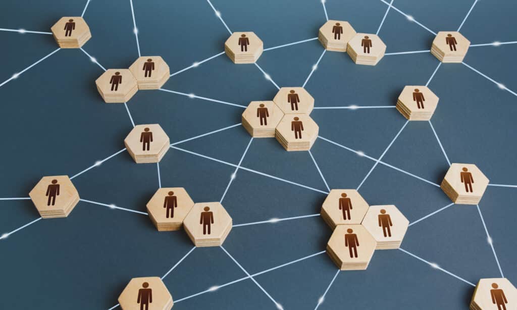 Network Of Interconnected People. Interactions Between Employees And Working Groups. Social Business Connections. Networking Communication. Decentralized Hierarchical System Of Company. Organization