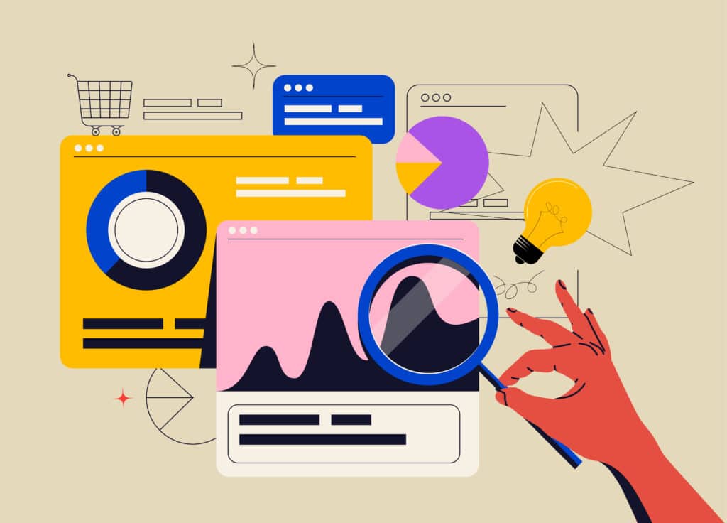 Data analytics or marketing seo optimization illustration concept with abstract infographics tabs and graphs. Vector illustration